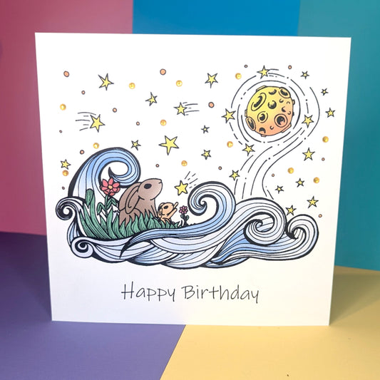 Rabbits and moon Birthday Card