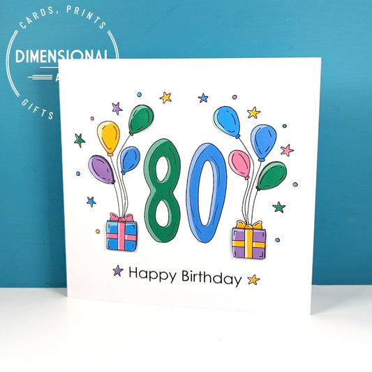 80th balloons and presents Birthday Card