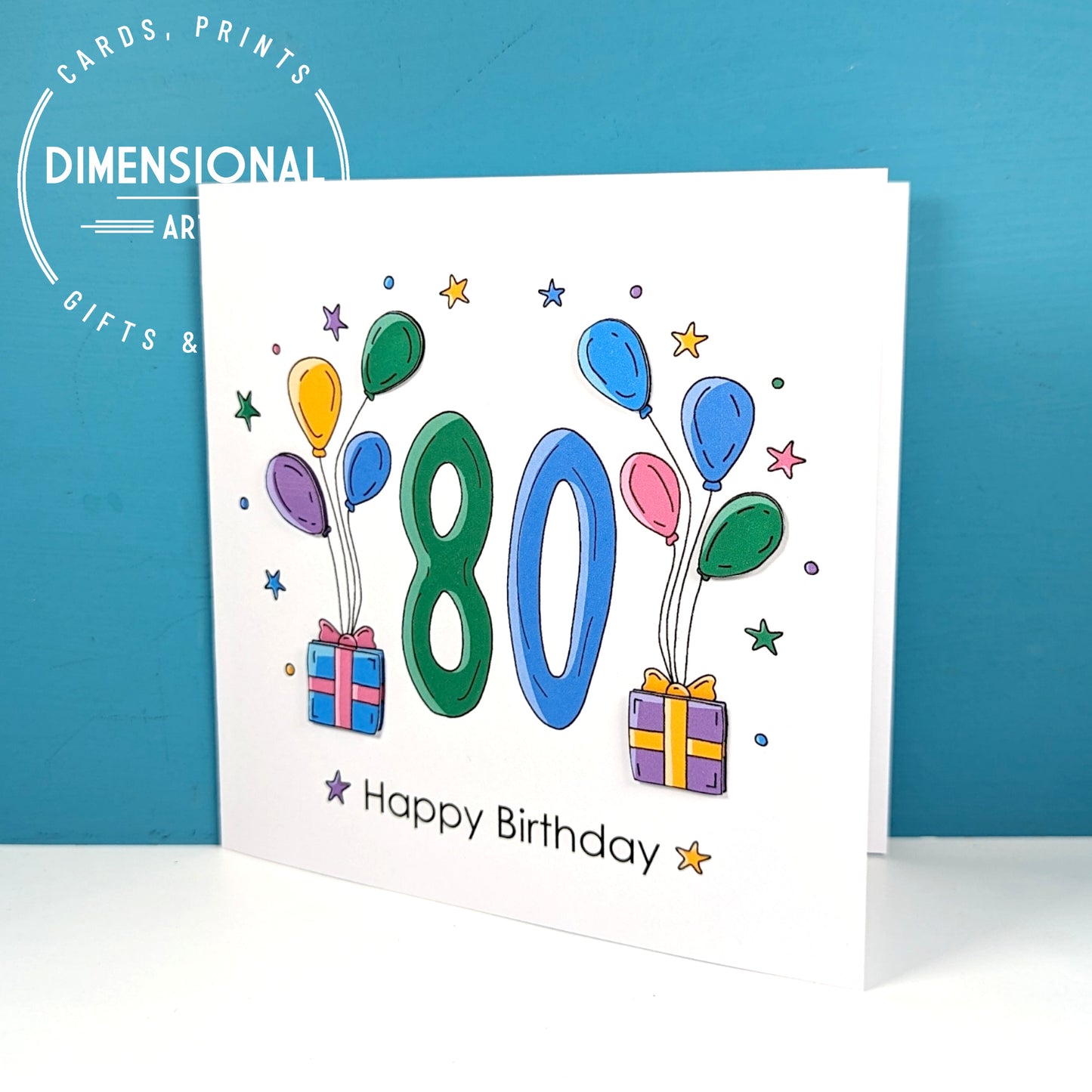 80th balloons and presents Birthday Card